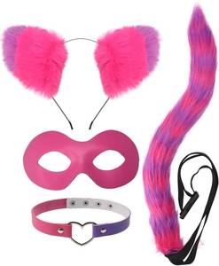 lot 559 image: 4 Pieces Pink and Purple Striped Cat Ears and Tail Set-Faux Fur Fox Headband with Mask Tail Collar Cosplay Party Halloween Costume Accessories for Kids and Adults