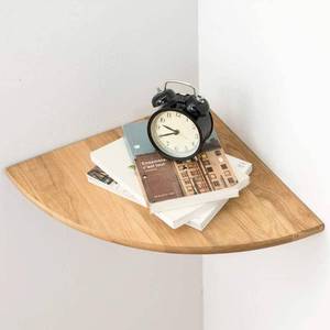 lot 561 image: Corner Shelf,16inch Natural Oak Solid Wood Floating Corner Shelves Wall Mount Round End Floating Speaker Rack with Wire Hole for Small Plant for Bedroom Kitchen, Living Room