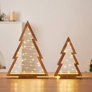 lot 562 image: 2 Pack Wooden Tabletop Christmas Trees with Lights & Timer, Modern Christmas Decorations Indoor, Farmhouse Christmas Decor Small Tree for Table Top, Mantle, Shelf (Large-14.2 in, Small-10.2 in)