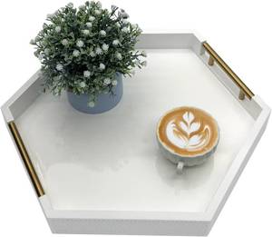 lot 566 image: Serving Tray with Polished Metal Handles, Hexagon Coffee Table Tray, Modern Rectangle Decorative Tray, Large Ottoman Tray, Perfect for Storage and Display (White Hexagon)