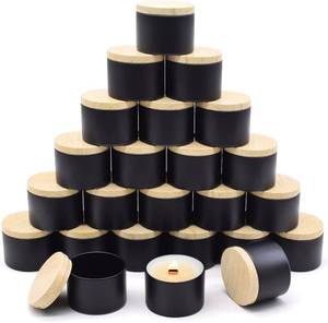 lot 572 image: 24-Pack Black Candle Tins with Wood-Grain Lids, 4oz Round Metal Candle Jars for Making Candles and Storage