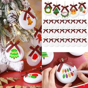 lot 589 image: 30 Pieces Blank Christmas Ornaments for Crafting, Flat Ornaments DIY Matte White Hanging Buffalo Plaid Bows Hanging Christmas Tree Balls for DIY Crafts (Gold Rope)