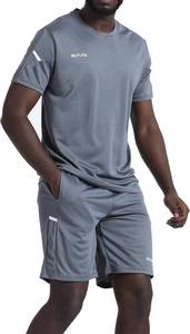 lot 591 image: BUYJYA Mens Workout Clothes Athletic Shorts Shirt Set. Gray shirt and short, two pairs of black shorts and one white shirt. Size Small