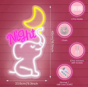 lot 624 image: Elaphant Night Neon Sign for Wall Decor, Dimmable LED Neon Light, USB Powered LED Sign for Childrens Bedroom Decor, Unique Gift (16.5x9)