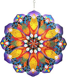 lot 3002 image: Exhart Wind Spinner, Colorful Pinwheel Mandala Hanging Wind Sculpture, 3D Laser Cut Patterns with Bead Details, Metal Outdoor Garden Decoration, Multicolor Lawn and Yard Art, 12 Inch