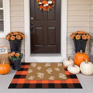 lot 3071 image: OJIA Fall Decor 2PCS Halloween Door Mat Set, Polyester Ghost Welcome Doormat  28x43 Black and Orange Buffalo Plaid Rug, Fall Porch Decor Entry Rugs Indoor Outdoor Door Mats Autumn Floor Doormat