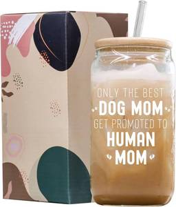 lot 3097 image: New Mom Gifts for Pregnant Women, Funny Dog Mom Pregnancy Gift for Expecting Mom, Mother to be Gift Moms, Congrats on Pregnancy Present for Wife Friend Sister, 16Oz Coffee Glass with Lid
