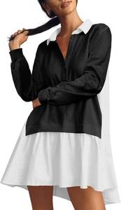 lot 3106 image: Fisoew Womens Oversized Sweatshirt Dress Long Sleeve V Neck Patchwork Casual Pullover Tops Loose Fit Mini Dresses