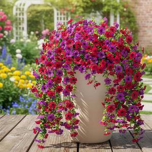 lot 3113 image: Artificial Decor Flowers for Outdoor, 4 Pcs UV Resistant & Look Real, No Fade Faux Plants for Spring Summer Decoration, Outside Home Garden Porch Patio Balcony Yard (Purple Red-4pc)