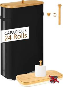 lot 3136 image: Toilet Paper Storage Basket Bamboo Lid - with Built-in Toilet Paper Holder & Stretchable Handle - Slim Tall for Foldable Free Standing Organizer with Wheels - 47L Bathroom Storage Bag - Black
