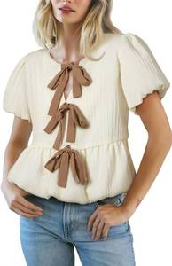 lot 3183 image: OCSTRADE Womens Summer Tie Front Babydoll Peplum Tops Y2K Puff Short Sleeve Blouse Cute 2025 Summer Going Out Bubble Shirt size Medium