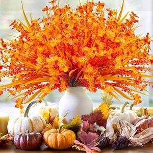 lot 3190 image: 12 Bundles Artificial Fall Flowers for Outdoors Fake Plants UV Resistant Plastic Plants Shrubs Bushes for Home Fall Front Door Porch Garden Autumn Decor (Fall Orange)