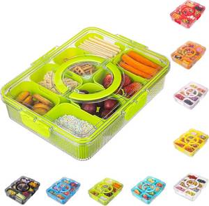 lot 3229 image: Patent Design Ribbed Snackle Box Container Divided Serving Tray with Lid and Handle -Charcuterie Container Portable Storage Organizer for Candy, Fruit, Beach, Picnics 1 pcs, Green