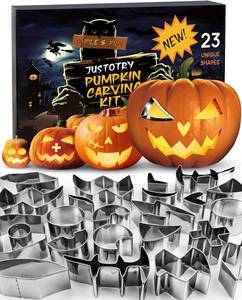 lot 3232 image: JUSTOTRY Pumpkin Carving Kit with Hammer - Safe for Kids, Halloween Pumpkin Carving Tools, Durable Stainless Steel Non-knife Stencils, Set for Adults, 23 PCS
