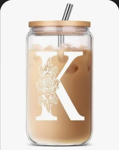 lot 3285 image: K Coffee Iced Cute Glass Cups 16 OZ with Lids and Straws - Personalized Monogrammed