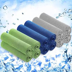 lot 3299 image: Hosuly 12 Pieces Cooling Towels for Hot Weather Soft Breathable Cold Towel Yoga Towels for Sweat, Sports, Workout, Fitness, Gym, Running, Travel Camping, 12 x 40 Inch (Dark Blue, Light Gray, Green)