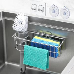 lot 3310 image: 3-In-1 Sponge Holder for Kitchen Sink with Suction Cups & Adhesive Hook , In-sink Sponge Holder, Wall Hanging Sink Caddy Organizer Rack - Sponge, Dish Cloth, Brush, Scrubber - 304 Stainless Steel