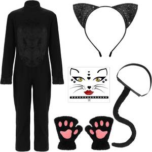 lot 3326 image: Ramede Halloween Black Cat Costume Size 8-10 Girls Black Cat Costume with Gloves Headband Tail Stickers for Kids