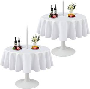 lot 3328 image: Juexica 2 Pack 60 Inch Round Outdoor Tablecloth with Umbrella Hole and Zipper Washable Waterproof Wrinkle Free Table Cloth Summer Polyester Fabric Table Cover for Picnic, Party, Patio, BBQ (White)