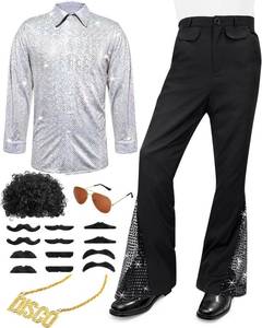 lot 3331 image: Mepase 70s Disco Outfit Costume Bell Bottom Pants Disco Shirts for Halloween Dress Up Silver 11-12 Years