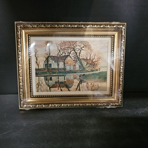 lot 3338 image: Bzstyleart Gold Framed Vintage Wall Art for Living Room, Farms near Duyvendrecht Canvas Picture Painting, Aesthetic Bedroom Wall Art, 8 x 10 Inch Farmhouse Vintage Art Aesthetic Decor for Gift