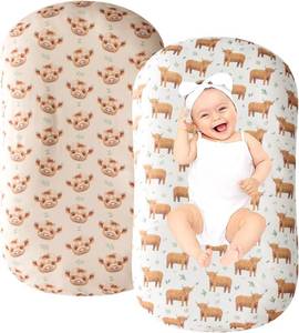 lot 3459 image: Little Jump 2 Pack Baby Lounger Cover, Stretchy and Soft Newborn Lounger Cover, Infant Lounger Slipcover for Boys Girls, Covers Only Western Highland Cows (Neutal Highland Cows)
