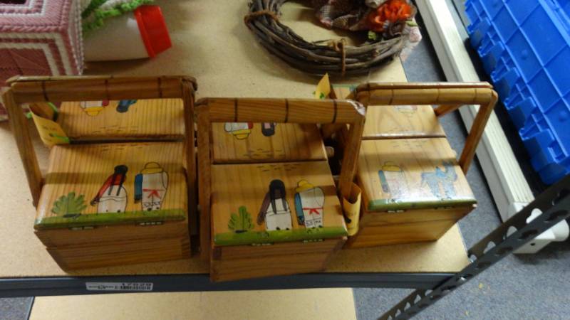 lot 17629 image: 3- Mini unique decor wooden boxes. Opens up for and two small compartments.