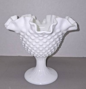 lot 3 image: Vtg Fenton White Milk Glass Hobnail Footed Ruffled Edge Candy Dish Compote 6