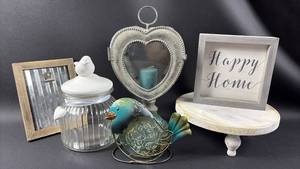 lot 43 image: Mixed Home Decor Bundle with Frames, Heart Shaped Candle Lantern and Accessories