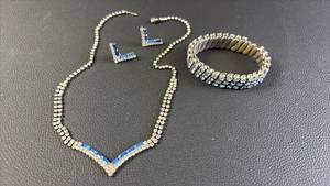lot 73 image: Rhinestone Jewelry Vintage Light Blue Bracelet and Royal Blue Necklace with Matching Earrings