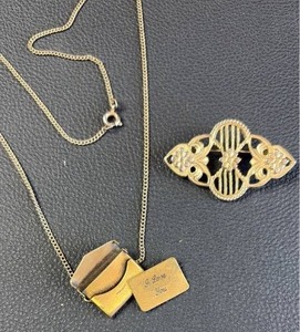 lot 75 image: Romantic Vintage Brass Love Letter Necklace and Brooch