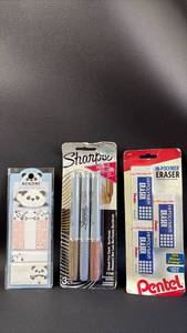 lot 93 image: Office Supply Bundle - Panda Memo Pads, Sharpie Markers, and Pentel Erasers