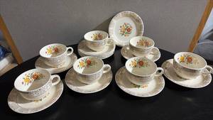 lot 270 image: Adorable Norlin Pattern ARDIS 22K Scroll Pattern Gold Trim and Bright Flower Detail(7) Cups (9)Saucers
