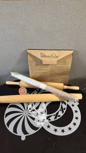 lot 288 image: The Pampered Chef Cake Stencils (3) European and American Style Rolling Pins, Oven Liner and Pansy Cookie Stamp