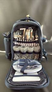 lot 303 image: Picnic Backpack Set with Plaid Pattern and Complete Dining Accessories