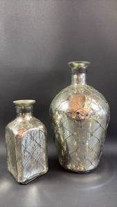 lot 313 image: Mercury Glass Bottles with Mesh Overlay Set of Two