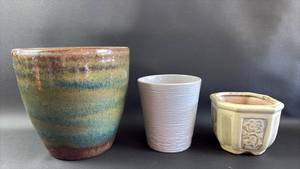 lot 317 image: Mixed Ceramic Pottery Collection with Glazed Planters and Vessels Approximately 8, 6 and 4 Inches Tall