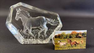 lot 324 image: Hautman Brothers Etched and Carved Glass Running Free Horse Paperweight