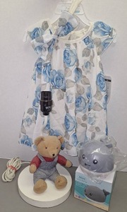 lot 115 image: Teddy Bear Table Lamp, NWT Dress & Headband, NIB Sensory Fountain