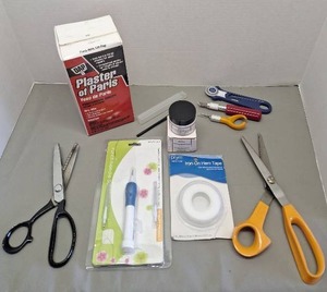 lot 130 image: Mixed Craft and Repair Supply Lot with Scissors, Plaster, Tools and Materials