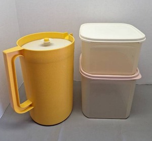lot 131 image: Vintage Tupperware Pitcher Yellow Gold wPush Button Seal Lid, Tupperware Canisters