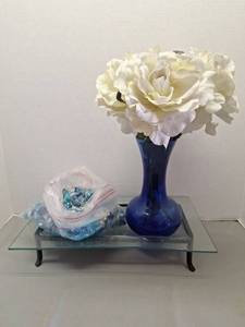 lot 135 image: Glass Beads and Stones, Blue Glass Vase and 14 Inch Long1 Inch Deep, Candle Tray