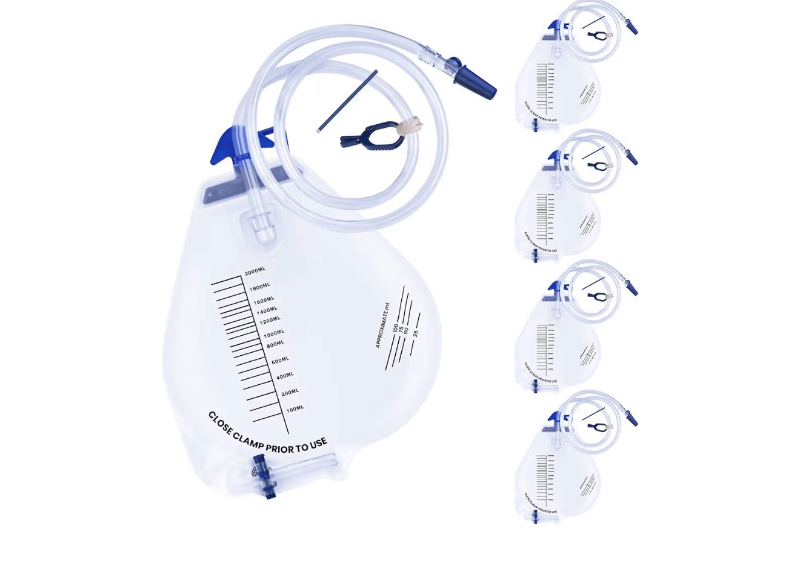 lot 2039 image: Catheter Bags with Anti-Reflux Chamber, 2000ml Urinary Drainage Bag with 48 Drainage Tube, Adjustable Clips and Hooks for Men and Women, 5 Packs
