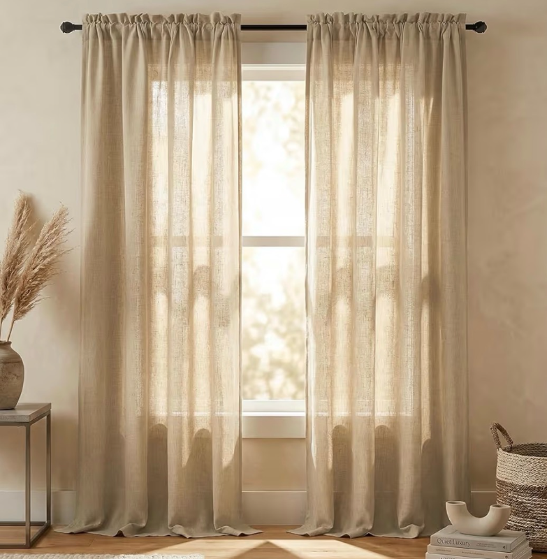 lot 2045 image: Tan Curtains 96 Inches Long for Living Room Dining 2 Panel Rod Pocket Semi Sheer Linen Drape Burlap Primitive Neutral Rustic Decor Light Filtering Brown Curtain for Bedroom Cafe Khaki Camel 8 Ft 52x96