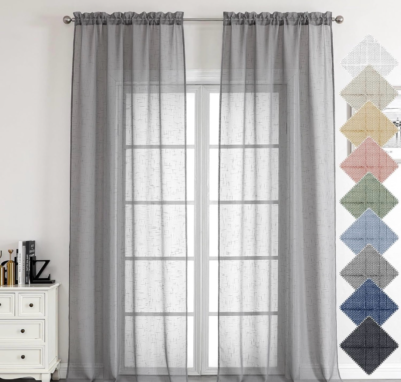lot 2058 image: Aiyufeng Gray Faux Linen Sheer Curtains 96 Inches Long 2 Panels, Light Filtering Textured Soft Rod Pocket Window Curtain Panels for Farmhouse Living Room Bedroom, Each 40Wx96L Inch, Grey