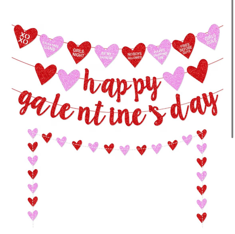 lot 2126 image: Deneo Happy Galentines Day Banner, Red Glittery Galentine��s Day Decorations with Heart Garland Banner, Ladies Girls Happy Valentine��s Day Party Decorations Photo Prop