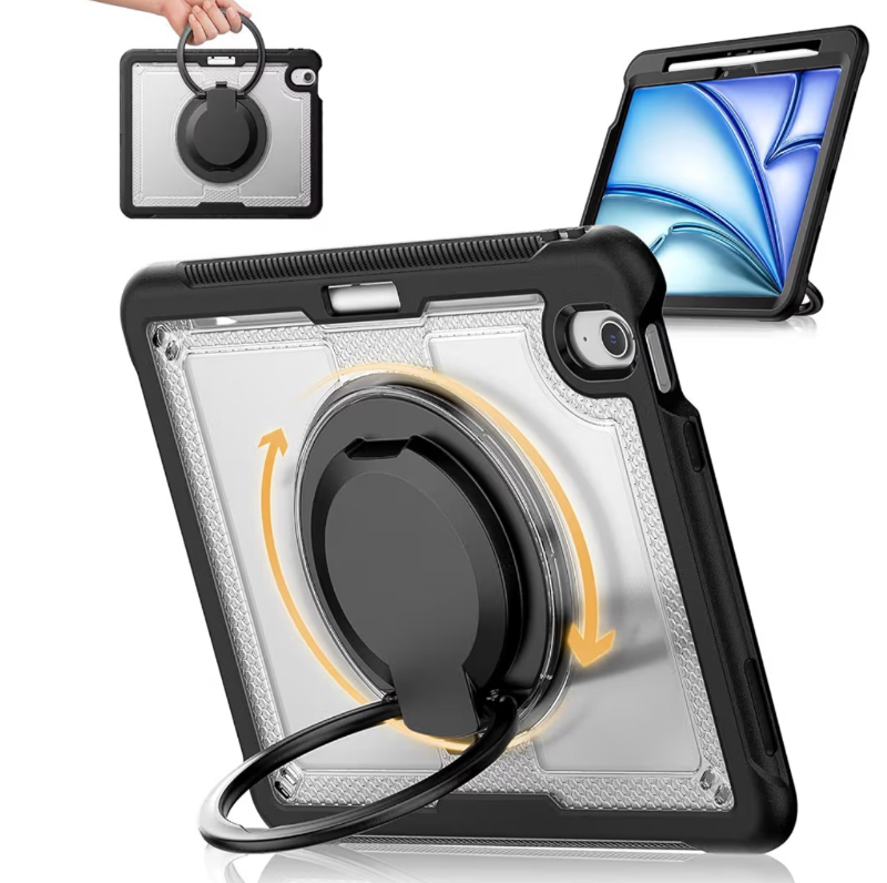 lot 2220 image: Case for iPad Air 11 Inch M4 2026M3 2025 M2 2024, Shockproof Protective Case with Pencil Holder, 360° Rotating Handle Stand & Shoulder Strap, Transparent