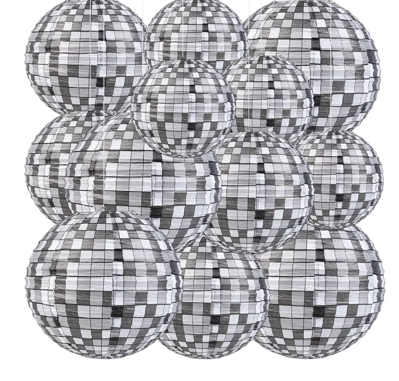 lot 2295 image: 12PCS Disco Ball Paper Lanterns Hanging Decorations Disco Party Decorations 70s Retro Hanging Decorative Lantern Silver Ball Decor for Hippie Birthday Favors Supplies