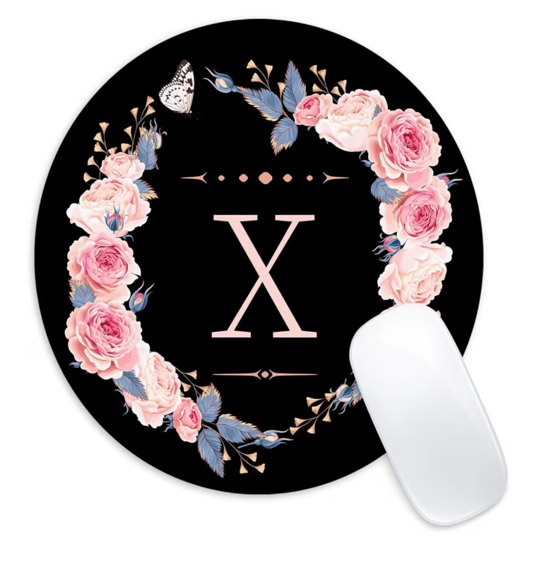 lot 2305 image: Letter X Black and Pink Flowers Round Mouse Pad,Funny Small Mouse Pad with Non-Slip Rubber Base,Mouse Mat,Home Office Decor Desk Accessories,8.7inch Round Mouse Pad
