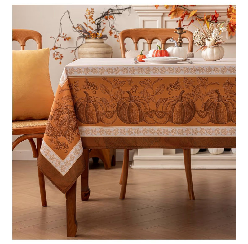 lot 2316 image: Romanstile Fall Rectangle Tablecloth 60 x 102 Inch, Thanksgiving Autumn Harvest Pumpkin Table Cloth, Stain Resistant Washable Table Cover for Dining, Party, Holiday Decor - Orange and Beige